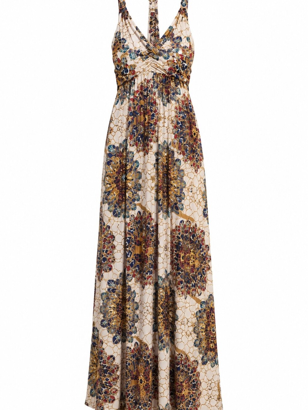 India Boutique One Size Metallic Gold Feather Print Maxi Dress Boho Resort